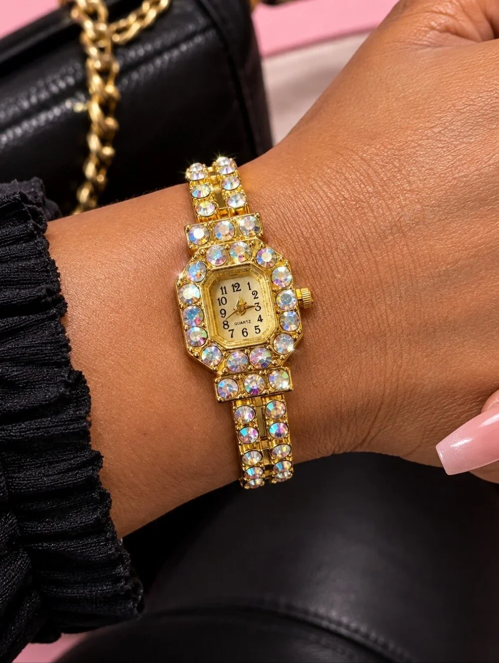 Vintage-Inspired Gold Rhinestone Crystal Statement Watch | Glam Bracelet Watch